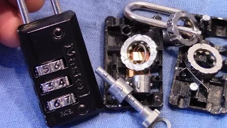 (picking 214) Two Master 3-wheel combination padlocks quickly decoded, one gutted and inspected