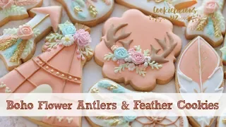 BOHO CHIC FLOWER ANTLERS & FEATHER COOKIES -  Learn how to make these boho cookies!