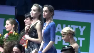 EC2016 Women's medal ceremony (Medvedeva, Radionova, Pogorilaya) with Russian anthem