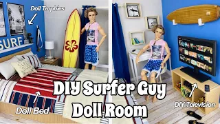 DIY Surfer Guy Barbie Doll Room! Surf Inspired Doll Room - Doll TV, Bed, Trophies, Desk, & Curtains