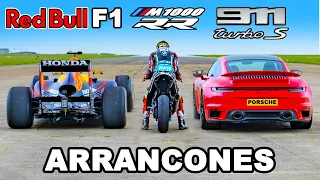 Auto F1 vs BMW M1000 RR superbike vs 911 Turbo S: ARRANCONES
