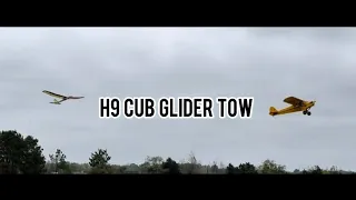 Hangar 9 J3 Cub tows up a glider