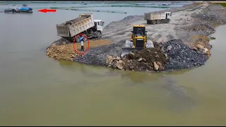 Nice Extreme Talent Skills Operator Bulldozer Pushing Rock Building Road On Water and Dump Truck