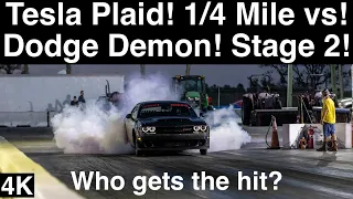 Tesla Plaid gives STAGE 2 Dodge Demon the Hit! 1/4 Mile Drag Racing in 4K UHD!
