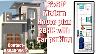 16' -0"X 50'-0" #YOUR DREAM HOUSE PLAN# MODERN 2BHK CAR PARKING #,2DPLAN ,3D  VIEW ,VASTU ACCORDING,