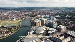 Aerial view of The Waterfront Hall and Hilton Hotel and Resort Belfast Northern Ireland 1 4K