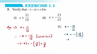 3Q Ex 1.1 class 8 // Verify that – (– x) = x for. (i) x = 11 /15 (ii) x=-13 /17 // Rational number