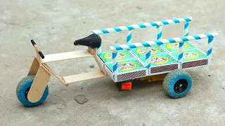 How to make Matchbox Auto-Rickshaw Cart at Home - diy matchbox rickshaw toy - dc motor auto rickshaw