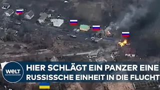 PUTINS KRIEG: Neues Video! Hier schlägt ein ukrainischer Panzer eine russische Einheit in die Flucht