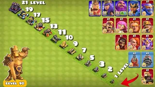 Cannon (Level 1 to 21) formation vs Heroes, Troops and Machines. Defense vs heroes | Clash of Clans