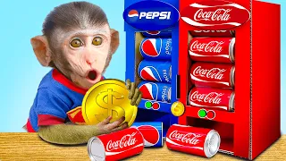 Baby Monkey KiKi playing with Coca vs Pepsi Vending Machine and go to the toilet | KUDO ANIMAL KIKI