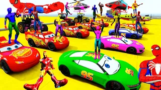 GTA V epic Siêu nhân đỏ đi xe cứu hỏa, Team spiderman stunt race carcolor challenge with superhero