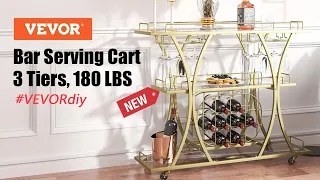 NEW ARRIVAL💥 VEVOR 3 Tiers Gold Metal Bar Serving Cart with Wine Rack Glass Holder 180 LBS