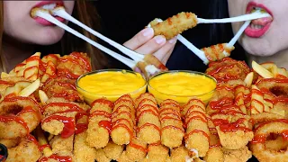 ASMR CHEESY FRIED FOOD FEAST! MOZZARELLA CHEESE STICKS, ONION RINGS, FRIED CHICKEN, FRIES, FISH 먹방