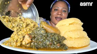 African food mukbang/garri fufu with egusi and vegetables soup / Nigeria food ASMR