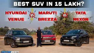 Hyundai Venue vs Maruti Brezza vs Tata Nexon - 15 Lakh Mein Best SUV? | MotorBeam हिंदी