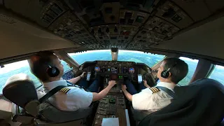 BOEING 747 LAND  Very Smothly at OSLO Airport. cockpit view.  wide angle camera.