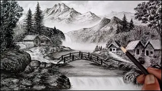 Pencil drawing landscape scenery step by step/ Charcoal pencil drawing/