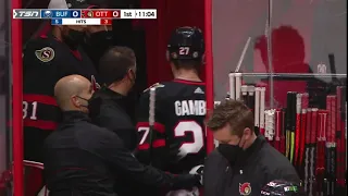 Dylan Gambrell left the game after taking a hit from Rasmus Dahlin