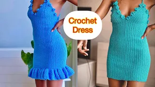 Crochet Ruffle Dress / Pencil Dress Easy Tutorial With Floral Detail