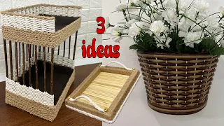 3 Diy Ideas With Sticks & Rope/ Diy Basket/ Diy Organizer/ Diy Tray/ أعمال يدويه بالاعواد