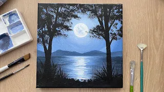 Moonlight Scenery Painting Tutorial | Acrylic Painting For Beginners Step by Step | Moon Painting