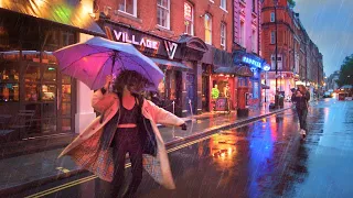 London Summer Evening Rain Walk - West End & Soho | 4K | June 2021