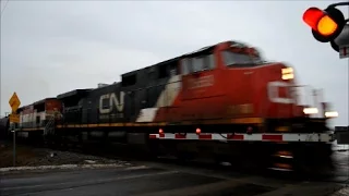 CN & VIA RAIL TRAINS AT RURAL LEVEL CROSSING