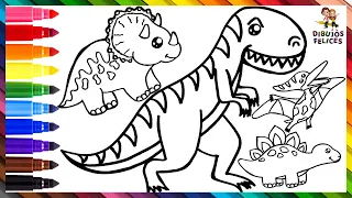 Dibuja y Colorea 5 Dinosaurios 🦖🦕🌋 Dibujo De T-REX Y Más 🌈 Dibujos Para Niños