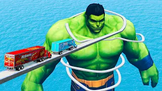 Mack Truck vs King Dinoco Truck vs Hulk vs Impossible Spiral Bridge Vs Deep Water - BeamNG.Drive