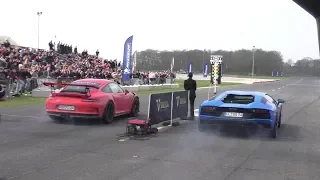DRAGRACE | Lamborghini Aventador S vs. Porsche 911 GT3RS vs. Audi RS3 8V vs. Audi R8 V10 Plus