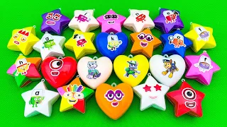 Rainbow Slime: Looking Paw Patrol, Numberblocks, Alphablocks CLAY in Mini Heart, Star Shapes! ASMR