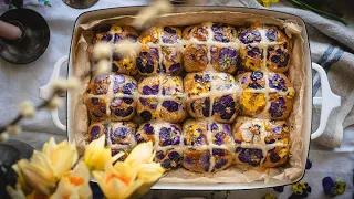 Soft and Fluffy Sourdough Hot Cross Buns with Edible Flowers