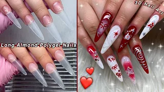 LONG ALMOND POLYGEL NAILS❤️ 3D NAIL ART & EASY POLYGEL APPLICATION! | Nail Tutorial