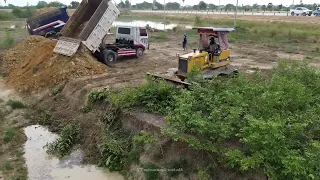 Complete Project  Action Clearing the Lake Landfill, Push Soil by Bulldozer, Unloading 5-Ton Truck