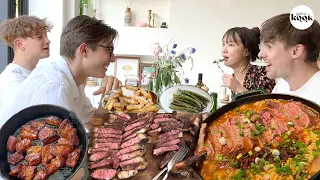 Making lunch & dinner for Armand and Max at home (T-bone steak ramyun, Josh's BBQ)