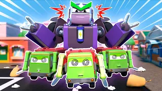 Evil GARBAGE TRUCK CLONES attack Car City! Super Robot to the rescue - Robot & Fire Truck Transform