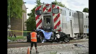 Truck catches fire after being hit by Metra train