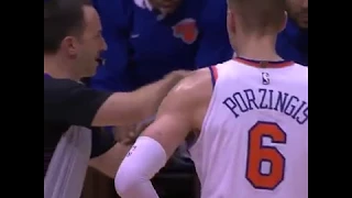 Porzingis gets Technical foul and has some words with the Ref - Knicks vs hawks - NOv 24, 2017