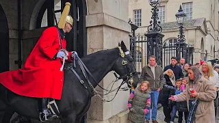 King's Horse TAKES CHILD'S TOY, then spits it out. Guard is not amused!
