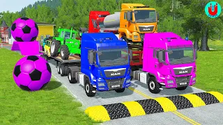 Double Flatbed Trailer Truck vs Speedbumps Train vs Cars | Tractor vs Train Beamng.Drive 017