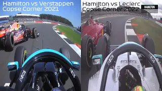 F1 Grand Prix Silverstone Copse Corner: Hamilton / Verstappen 2021 vs Hamilton / Leclerc 2022