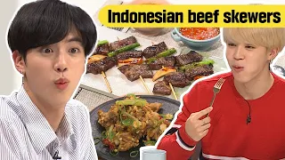 Jin & Jimin mencoba tusuk daging fusion Indonesia 🍖 dan reaksi mereka adalah...?😁