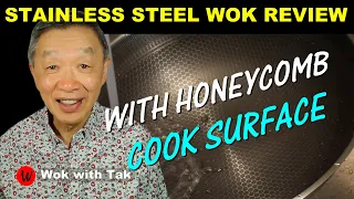 Review of a stainless steel wok with a honeycomb surface that is non-stick and scratch resistant