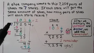 4th Grade Math 4.11, Divide by 1 Digit Numbers Check With Multiplication