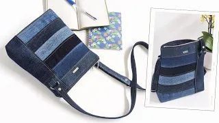 DIY Cute Patchwork Denim Crossbody Bag Out of Old Jeans Fabric Remnants | Bag Tutorial | Upcycle