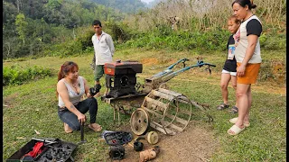 The mechanic girl went to repair a badly damaged tractor and how to replace the engine shaft