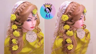 wedding hairstyles for Mehndi function l Curly bridal hairstyles for long hair l french braid l 2022