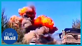 Moment Russian tank blown up sending turret flying 250ft in to the air