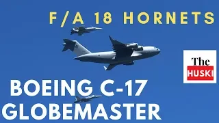 RAAF  F/A 18 Jets escorting a Boeing C-17 Globemaster Transport in Melbourne. - AMAZING SOUND